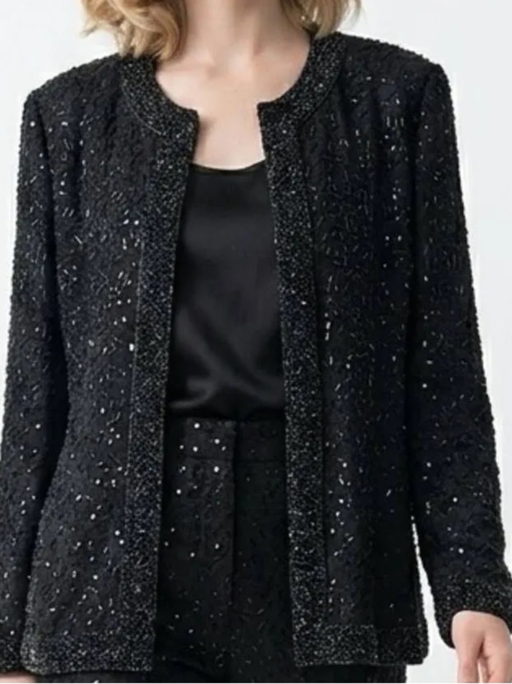 Vintage Laurence Kazar Silk Black Beaded Jacket XL Petite